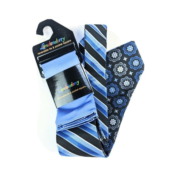 Londonderry Tie Mens Reversible & pocket square Blue Stripe & Navy Floral  Nwt - Picture 1 of 7